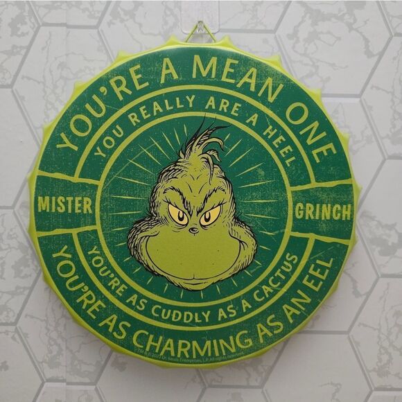 Dr. Seuss' GRINCH Who Stole Christmas Round Metal Bottle Cap Sign Decor 11.6"NEW - Picture 3 of 7